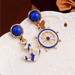 Navy Nautical Ship Wheel Anchor & Boat Anchor Dangle Statement Drop Earrings